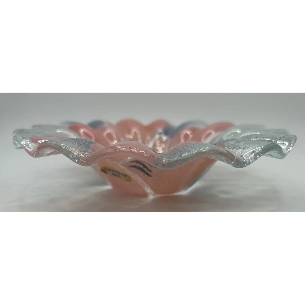 SYDENSTRICKER Fused Glass Fluted Small Bowl Pink Flowers Small Candy Dish‎ VTG